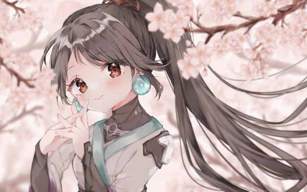HD PC desktop wallpaper featuring Sage from the video game Valorant, surrounded by soft pink cherry blossoms in a serene anime-style illustration.