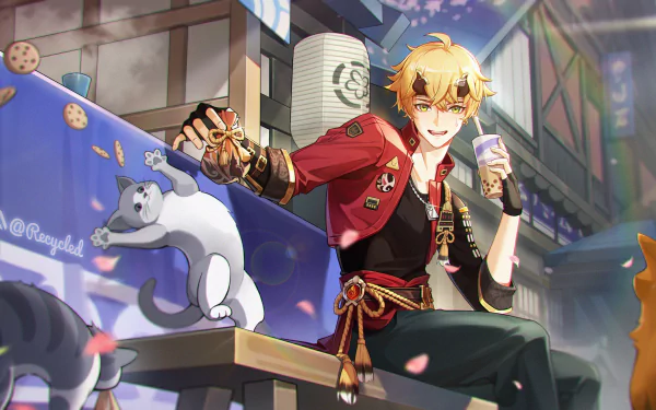 Thoma from Genshin Impact enjoying a drink in a vibrant city scene, captured in a detailed 4K Ultra HD video game desktop wallpaper.