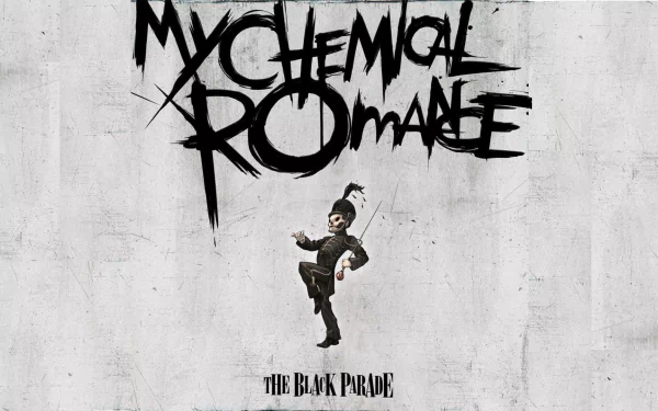 Music HD PC desktop wallpaper featuring My Chemical Romance: The Black Parade artwork with the band's jagged logo above a marching skeletal figure on a textured gray backdrop.