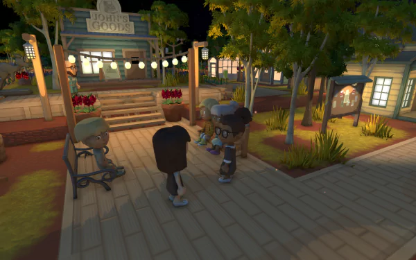 HD desktop wallpaper featuring characters and the store 'John's Goods' at night in the game Dinkum.
