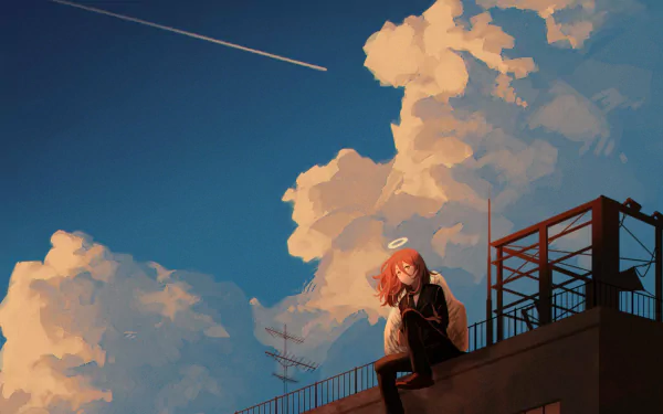 HD PC desktop wallpaper featuring Angel Devil (Chainsaw Man): anime-style rooftop at sunset, haloed red-haired figure perched on a building edge under dramatic clouds.