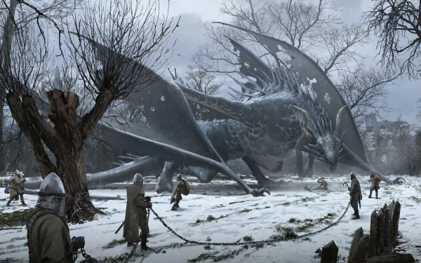 HD fantasy wallpaper depicting a massive wyvern chained and surrounded by armored figures in a snowy, barren landscape under a gray, overcast sky.