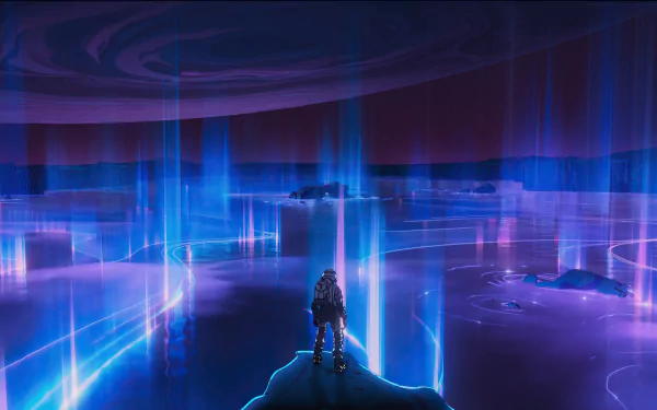 HD PC desktop wallpaper featuring a scene from the TV show Love Death & Robots, showcasing a lone figure amidst glowing, futuristic blue and purple pillars in a surreal landscape.