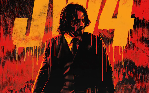 4K Ultra HD wallpaper featuring Keanu Reeves as John Wick in a dramatic pose from John Wick: Chapter 4, set against a bold red and orange background.