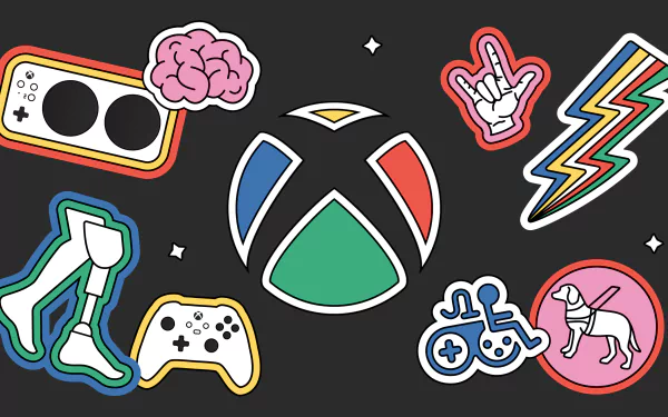 HD Xbox themed desktop wallpaper featuring colorful gaming icons and Xbox logo on a dark background.
