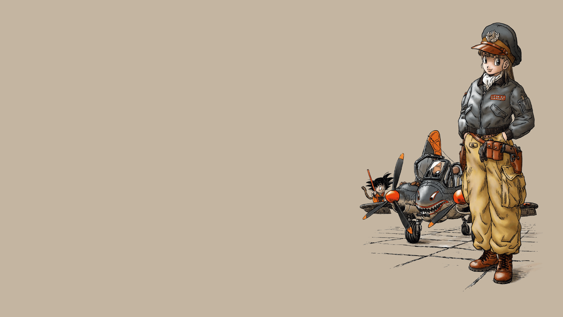 4K Ultra HD Dragon Ball anime desktop wallpaper featuring Bulma standing beside her aircraft, with Goku piloting nearby, set against a plain beige background.