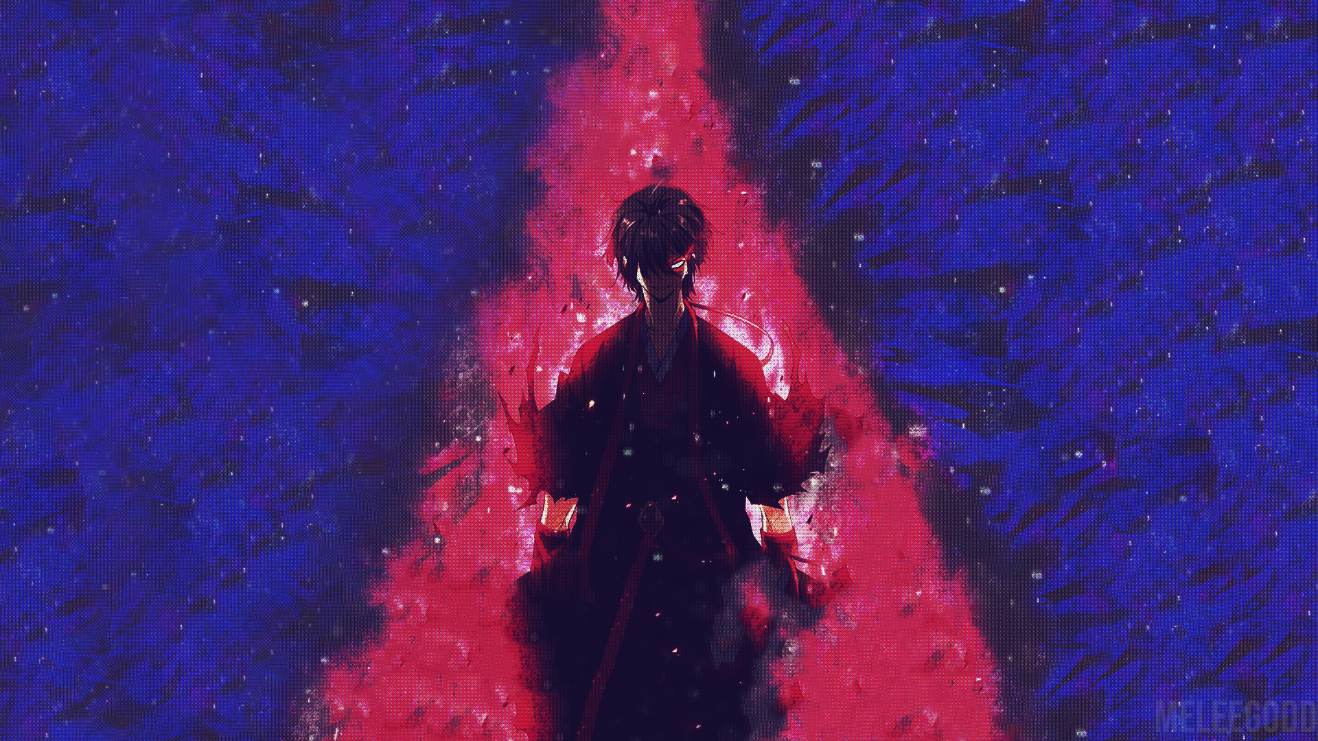 HD PC desktop wallpaper/background of Zhou Fan (manhua/manhwa): shadowed figure with a red, flame-like aura radiating against a textured blue backdrop.