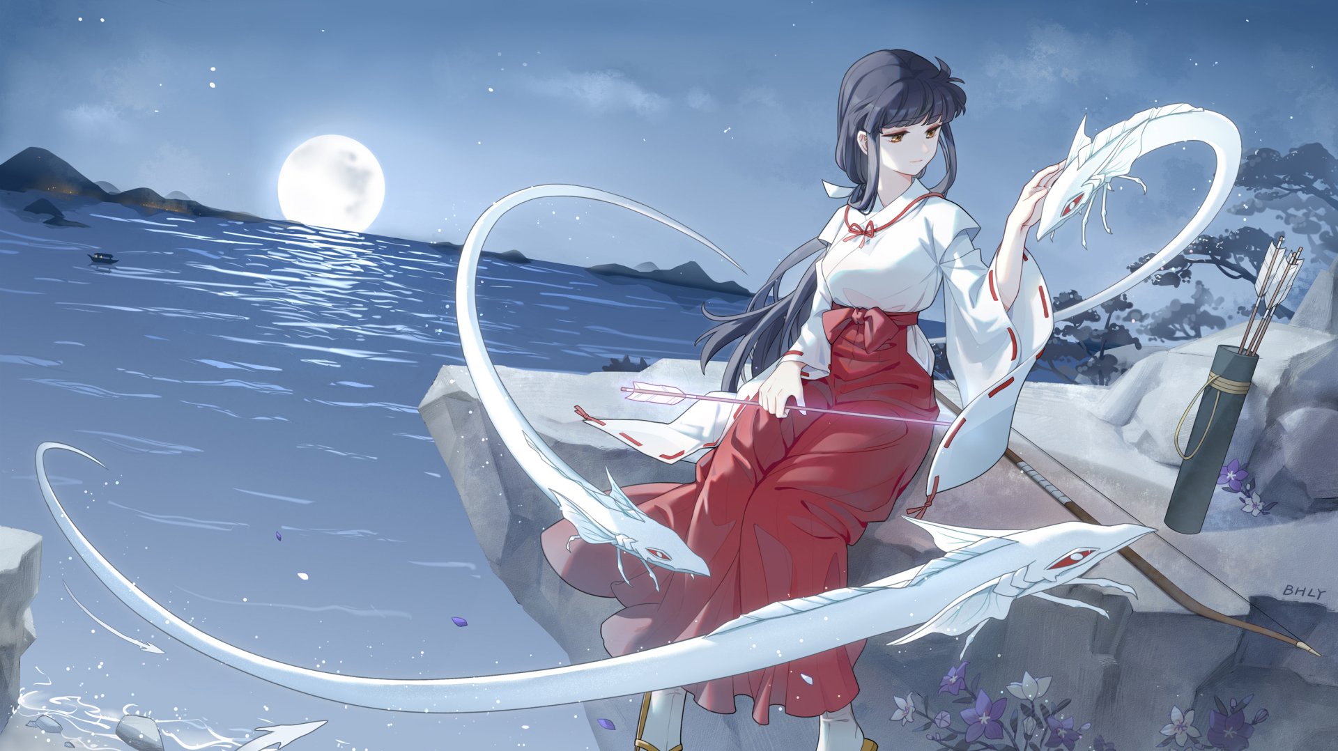 Kikyô from InuYasha stands on a wooden boat under a moonlit sky, surrounded by ethereal white serpents in this HD anime desktop wallpaper.