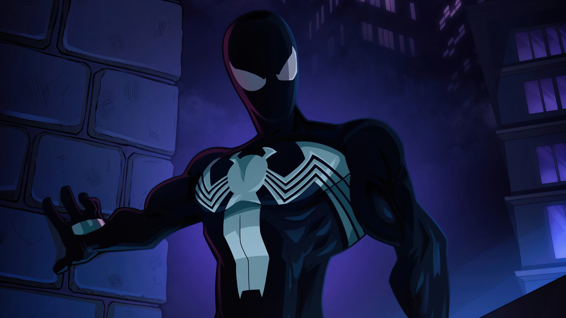 HD comic-style Spider-Man in black suit perched against a dark urban backdrop, designed as a striking PC desktop wallpaper.