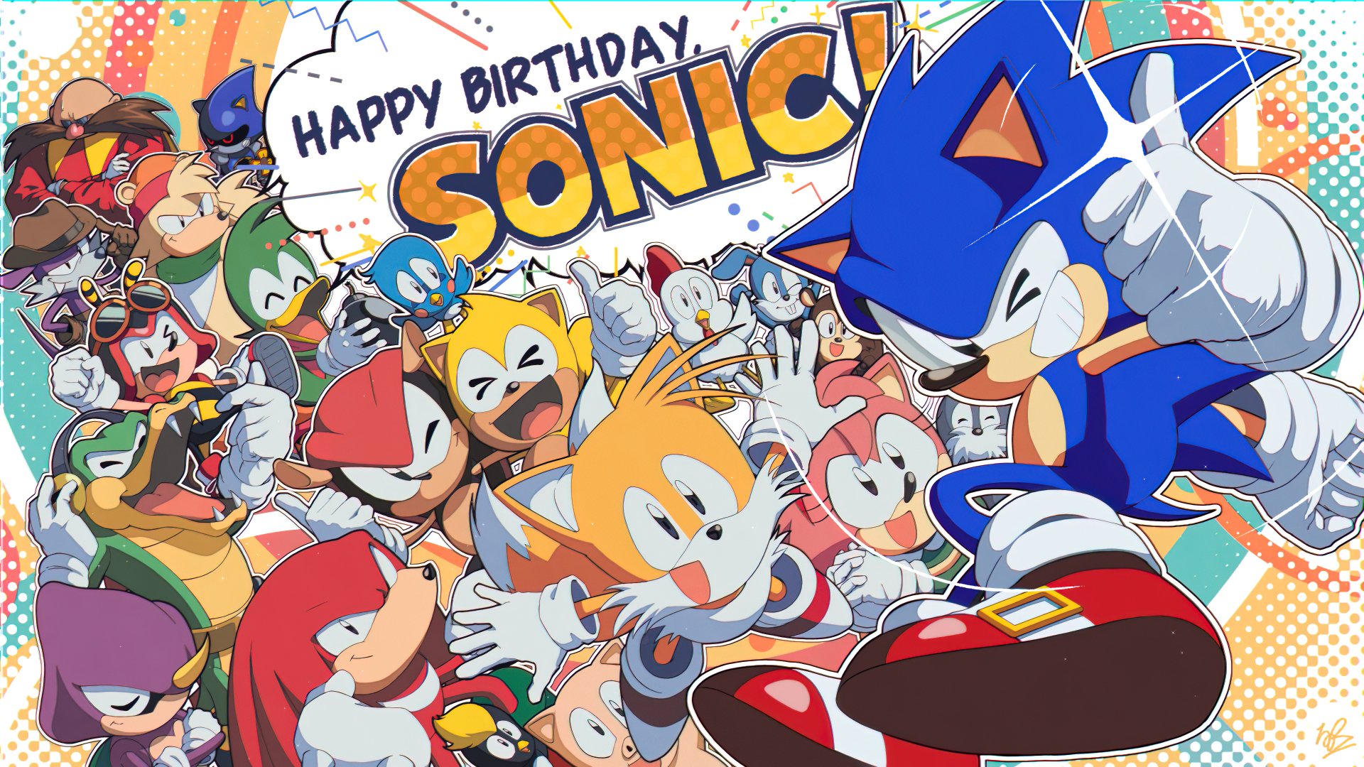 A vibrant 4K Ultra HD wallpaper celebrating Sonic the Hedgehog's birthday, featuring Sonic and his friends in a dynamic, colorful scene.