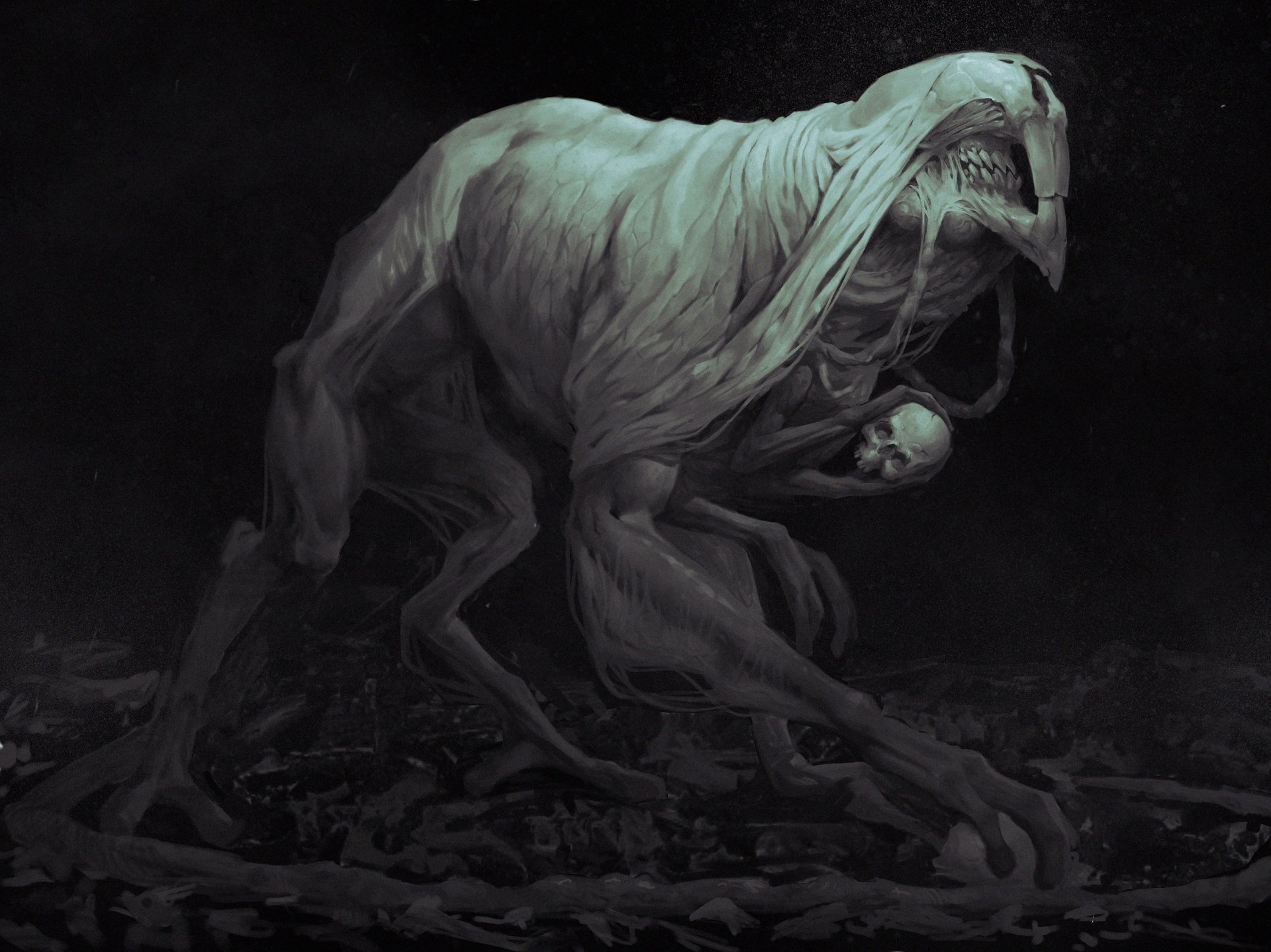 A dark and eerie HD desktop wallpaper from the video game King Arthur: Knight's Tale, featuring a monstrous creature wrapped in tattered cloth, exuding an ominous presence.