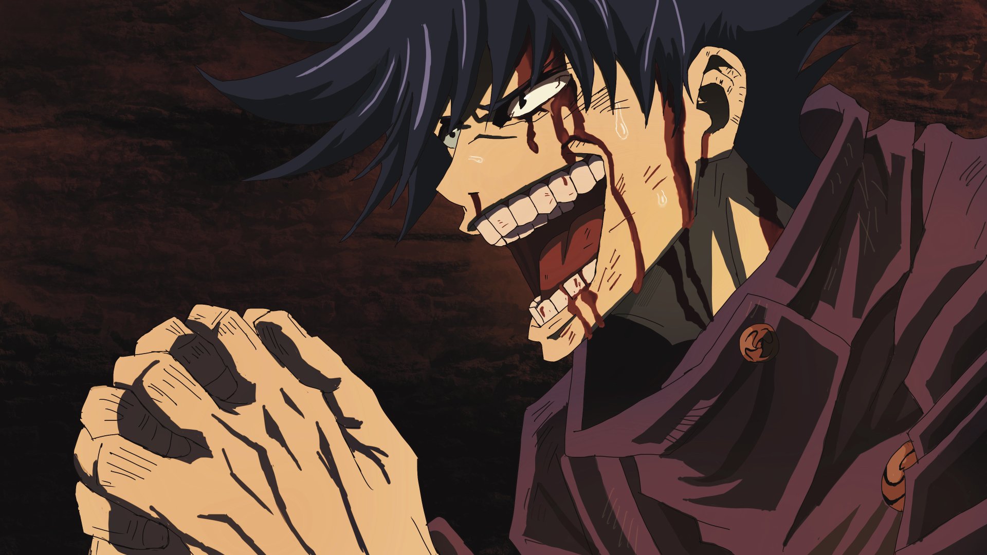 4K Ultra HD anime wallpaper featuring Megumi Fushiguro from Jujutsu Kaisen with intense expression, detailed shading, and dynamic dark background.