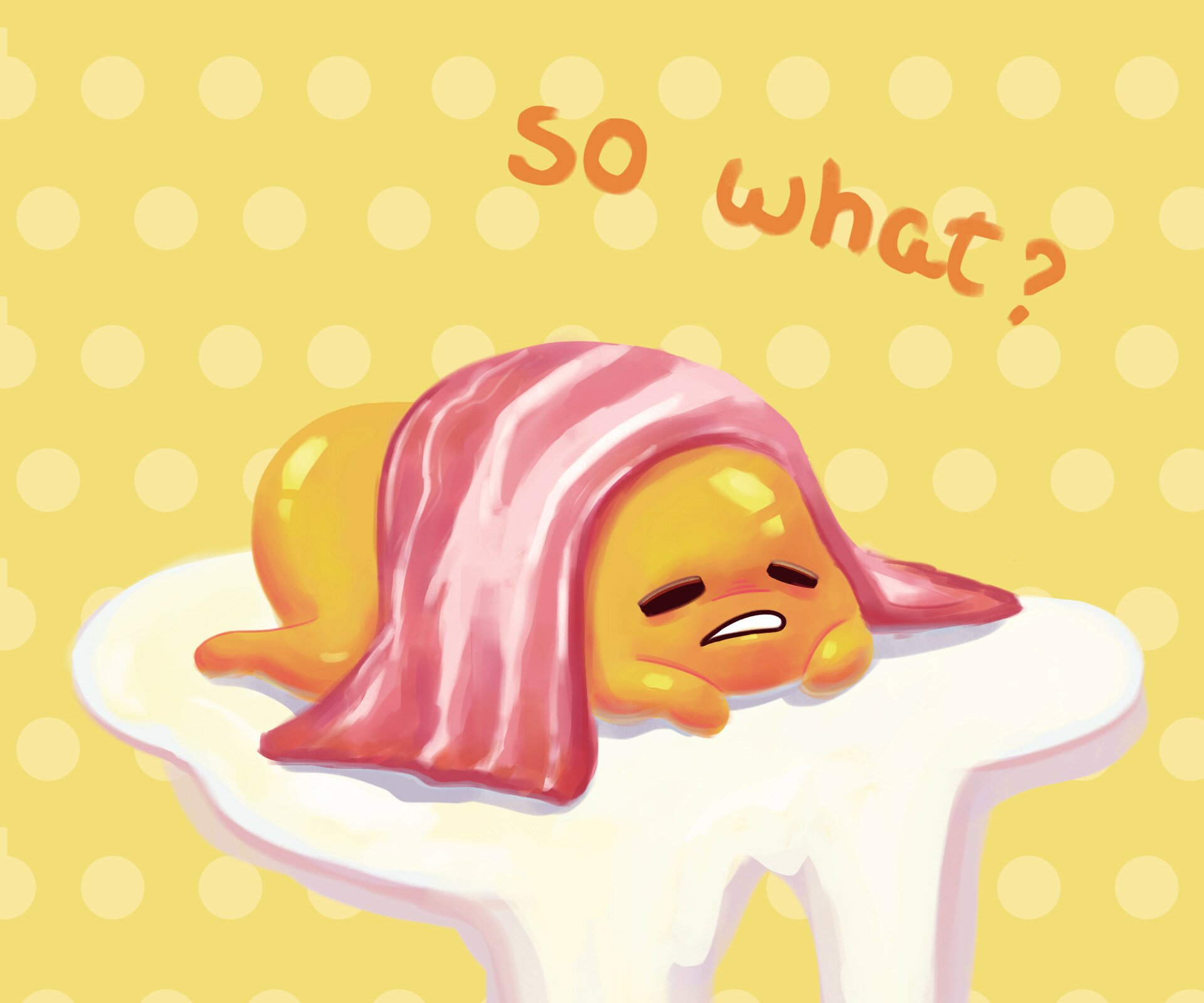 Artistic HD PC desktop wallpaper featuring Gudetama lying down with a slice of bacon on its back against a yellow polka dot background with the text so what?.