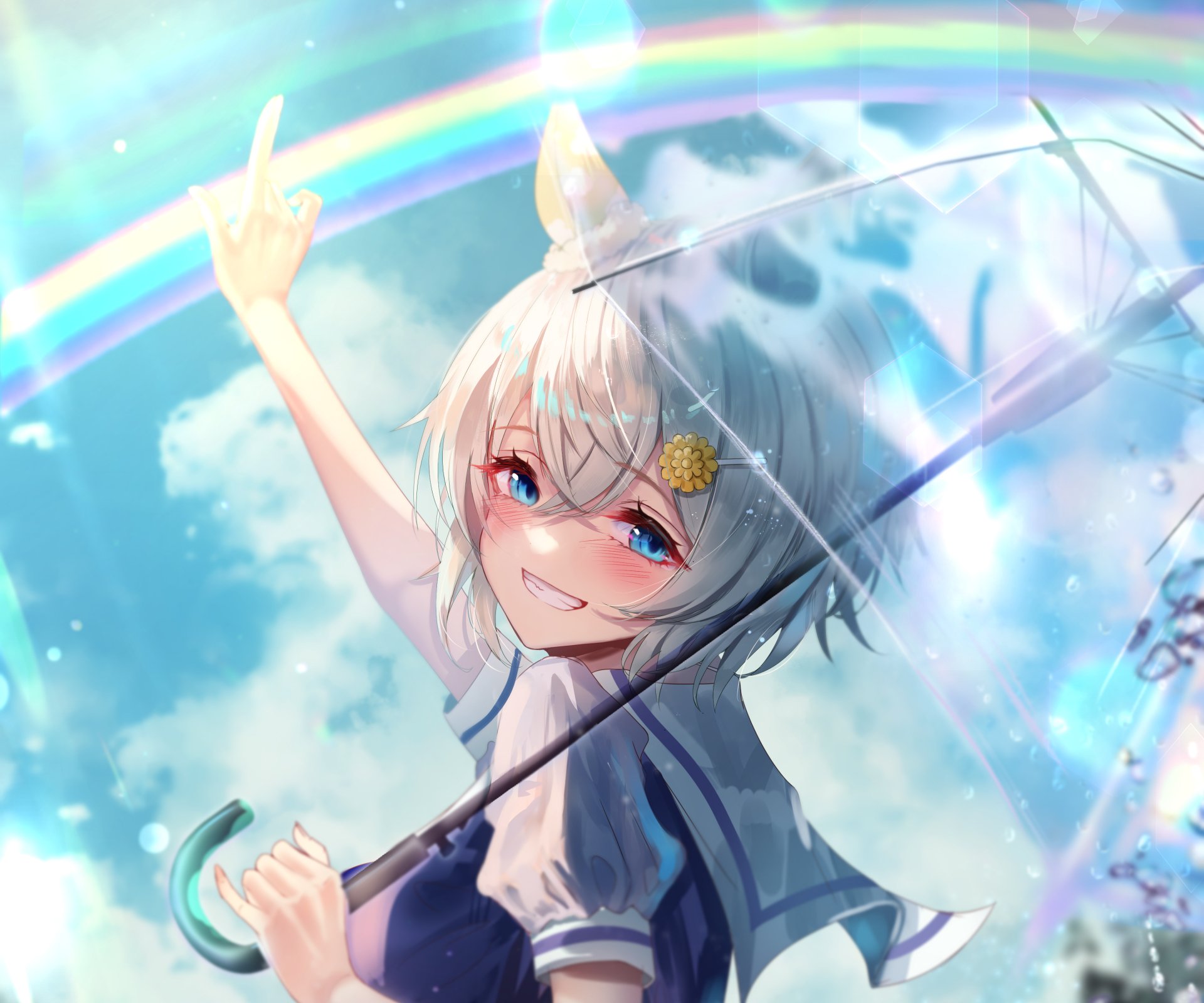 Seiun Sky (Uma Musume: Pretty Derby) grins beneath a rainbow, holding a clear umbrella against a bright sky — 2K Quad HD anime PC desktop wallpaper.