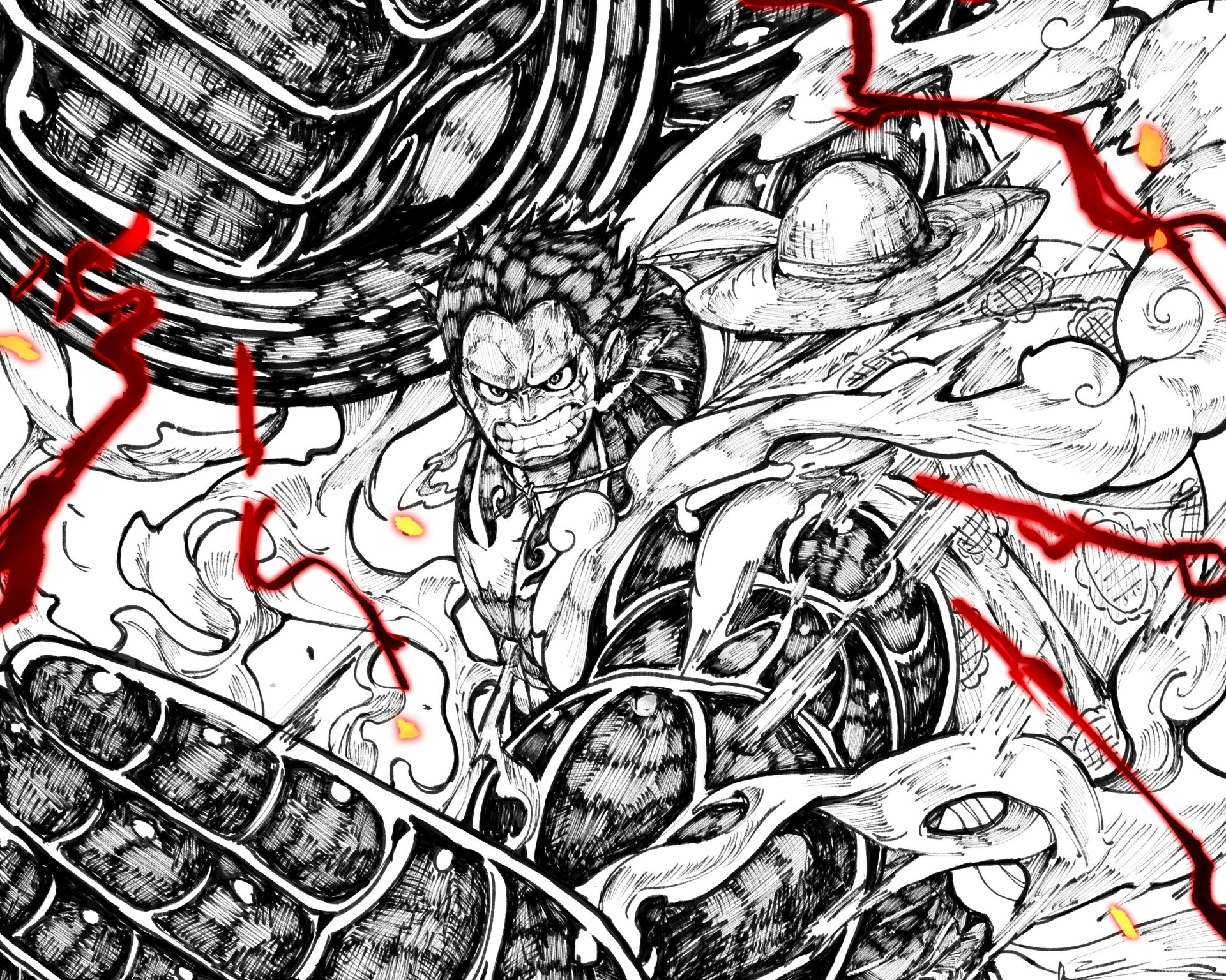 HD PC desktop wallpaper featuring Monkey D. Luffy in Gear Fourth form from the anime One Piece, showcasing dynamic black-and-white art with red lightning accents.
