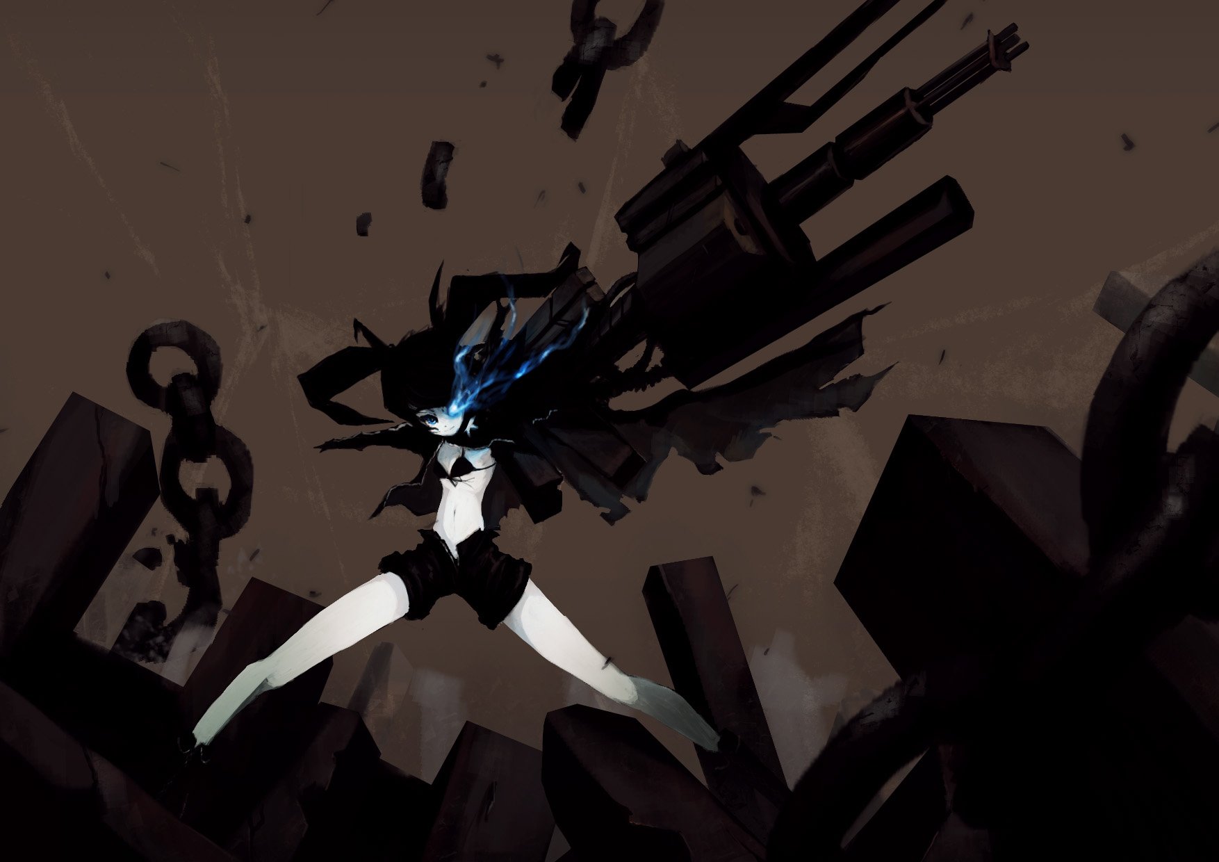 HD PC desktop wallpaper: anime Black Rock Shooter airborne, glowing blue eye, wielding a massive cannon amid chains and crumbling dark rubble.
