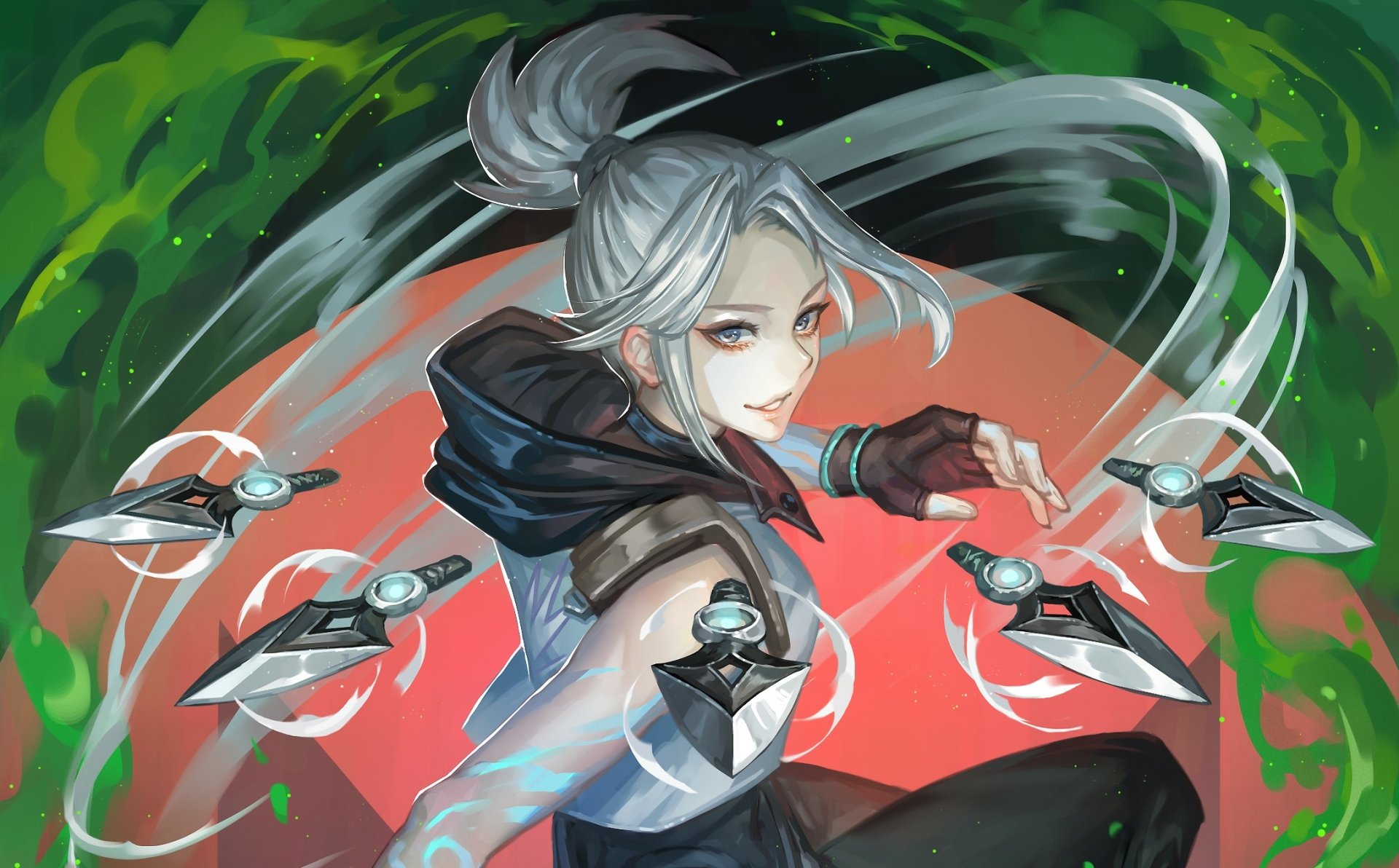 HD PC desktop wallpaper featuring Jett from the video game Valorant, showcasing her dynamic pose with signature throwing knives against a vibrant background.