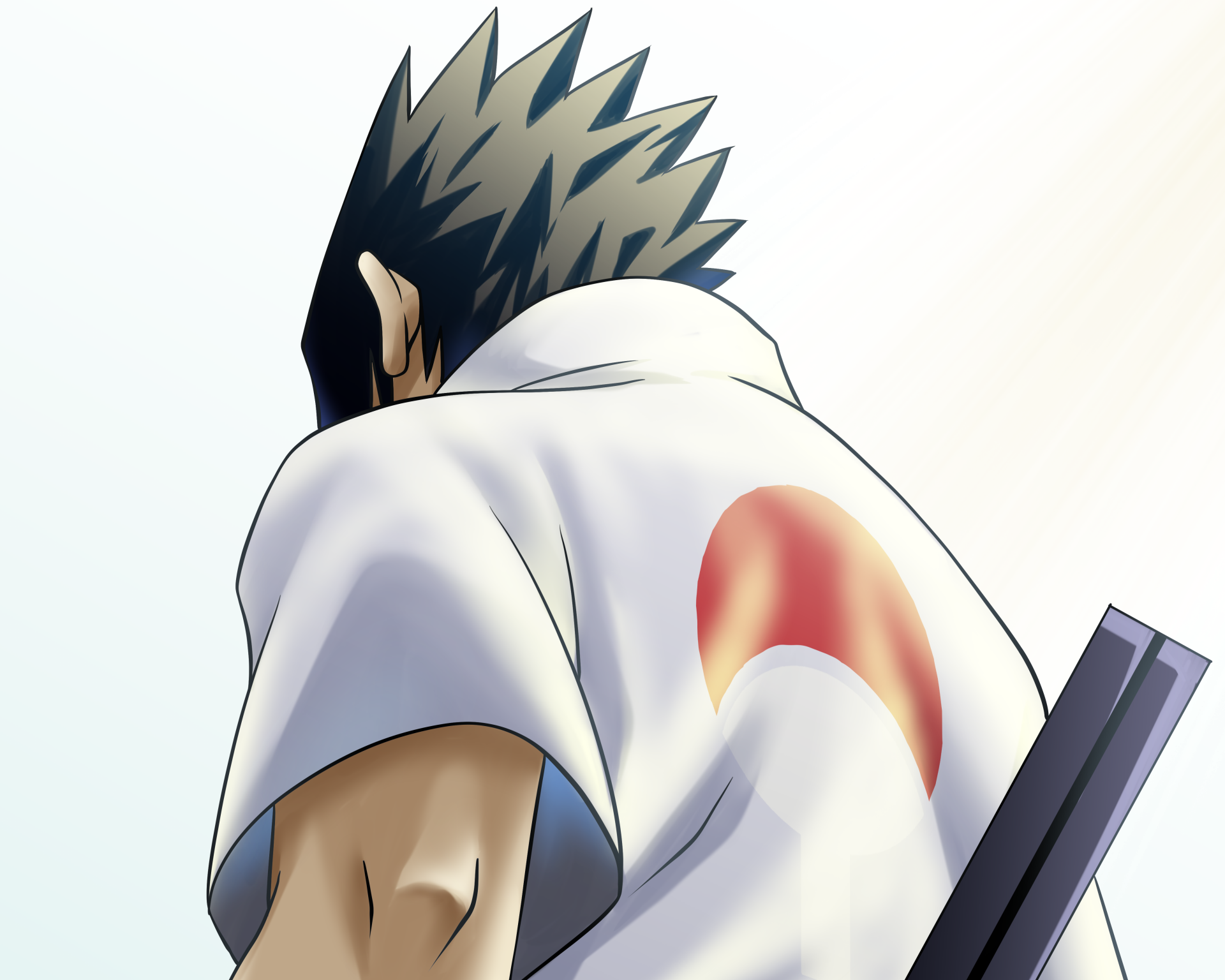 Sasuke Uchiha from Naruto, back view with Uchiha fan emblem on a white cloak and a sword at his side — anime 4K Ultra HD PC desktop wallpaper.