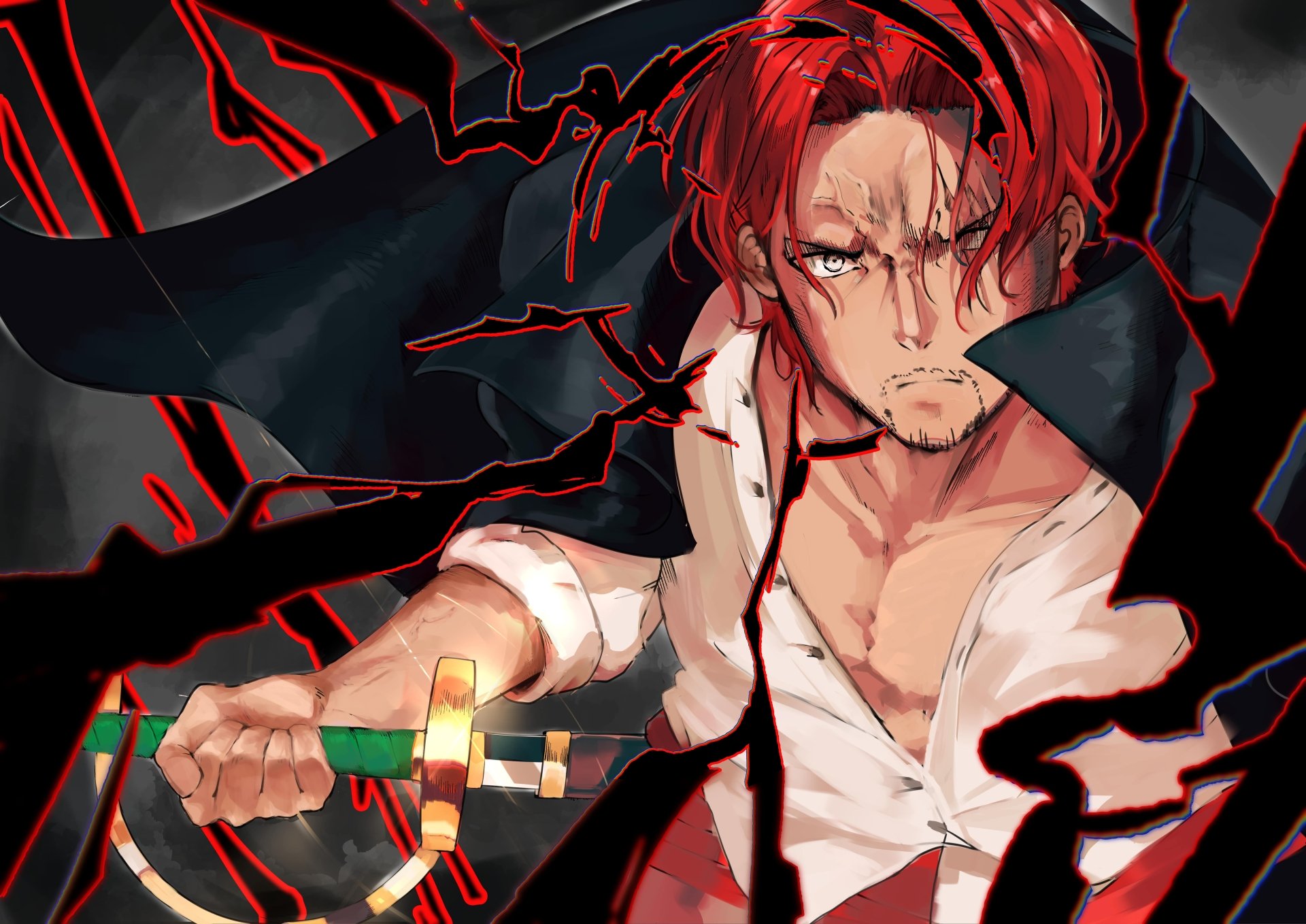 A dynamic 4K Ultra HD anime wallpaper featuring Shanks from One Piece, depicted with intense expression and vivid red highlights against a dark, electrifying background.