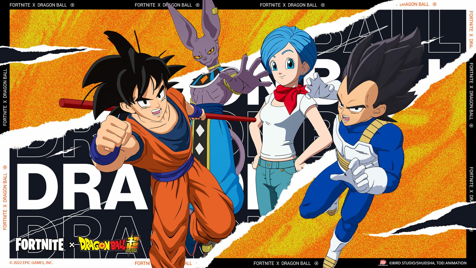 HD PC desktop wallpaper featuring Fortnite and Dragon Ball characters Goku, Vegeta, Bulma, and Beerus in a vibrant action-packed design.