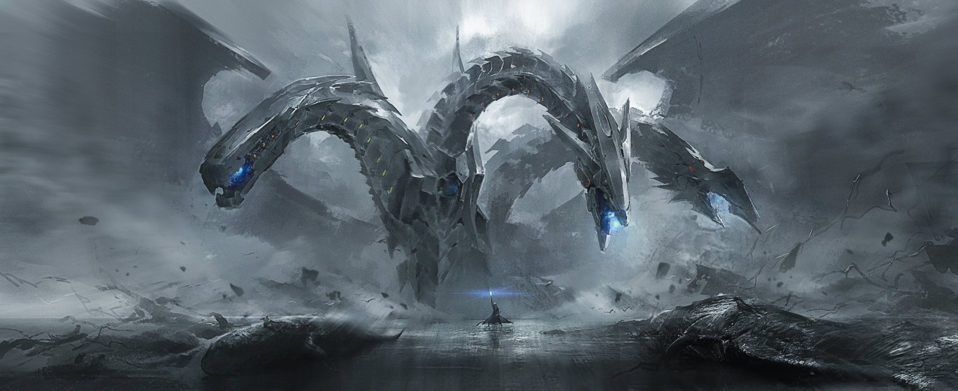 HD PC desktop wallpaper featuring a dramatic anime scene from Yu-Gi-Oh! with a warrior facing a massive three-headed dragon in a dark, stormy landscape.