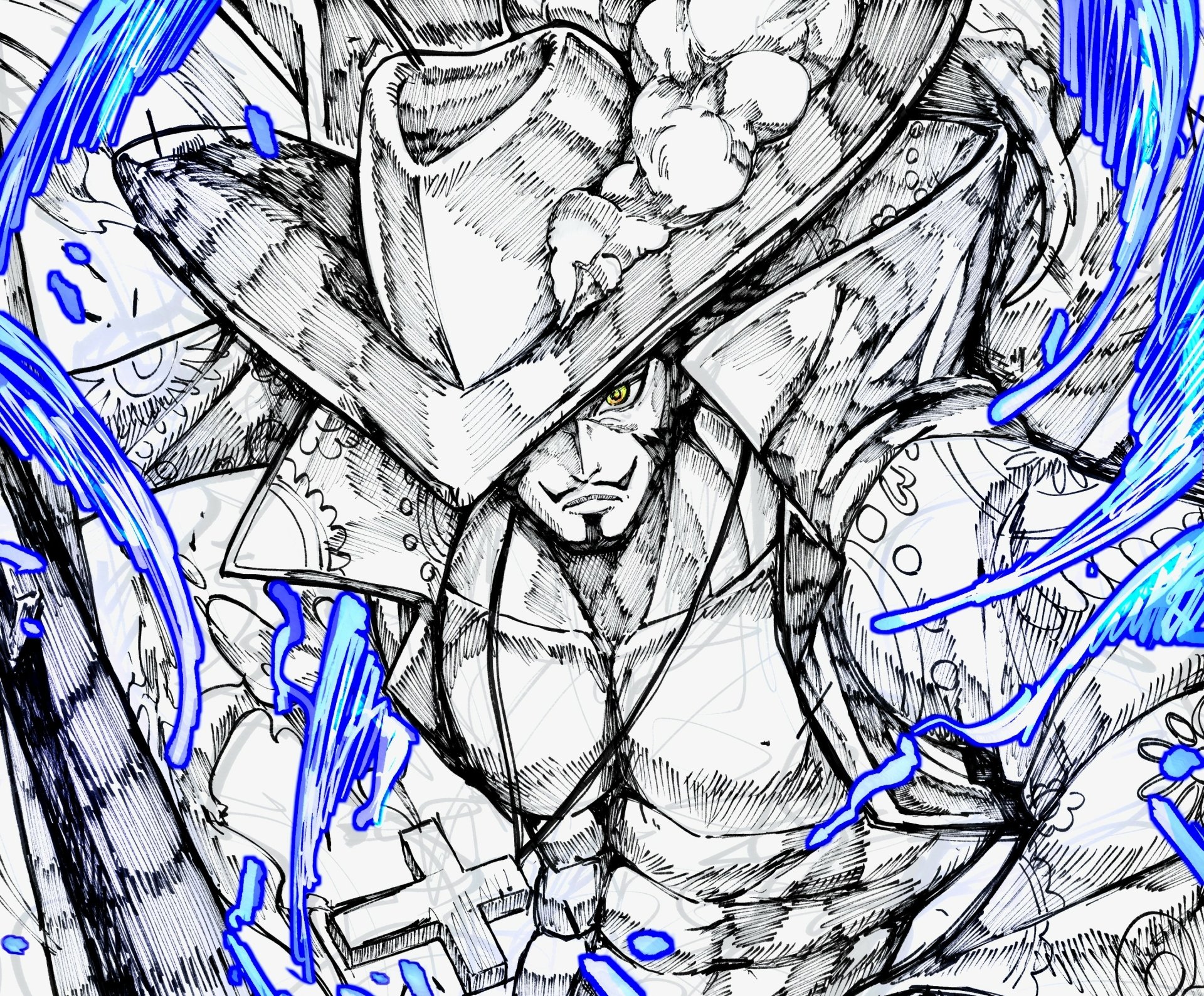 Dracule Mihawk from One Piece in a dynamic black-and-white sketch with electric blue accents, intense gaze and wide-brimmed hat — 2K Quad HD PC desktop wallpaper/background (anime).