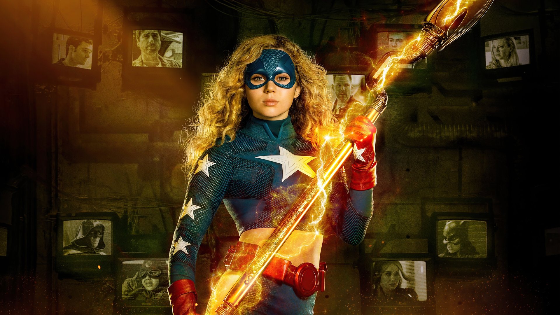 Stargirl (TV show) in a star-emblazoned costume brandishing a glowing cosmic staff, dramatic 5K Ultra HD PC desktop wallpaper/background.