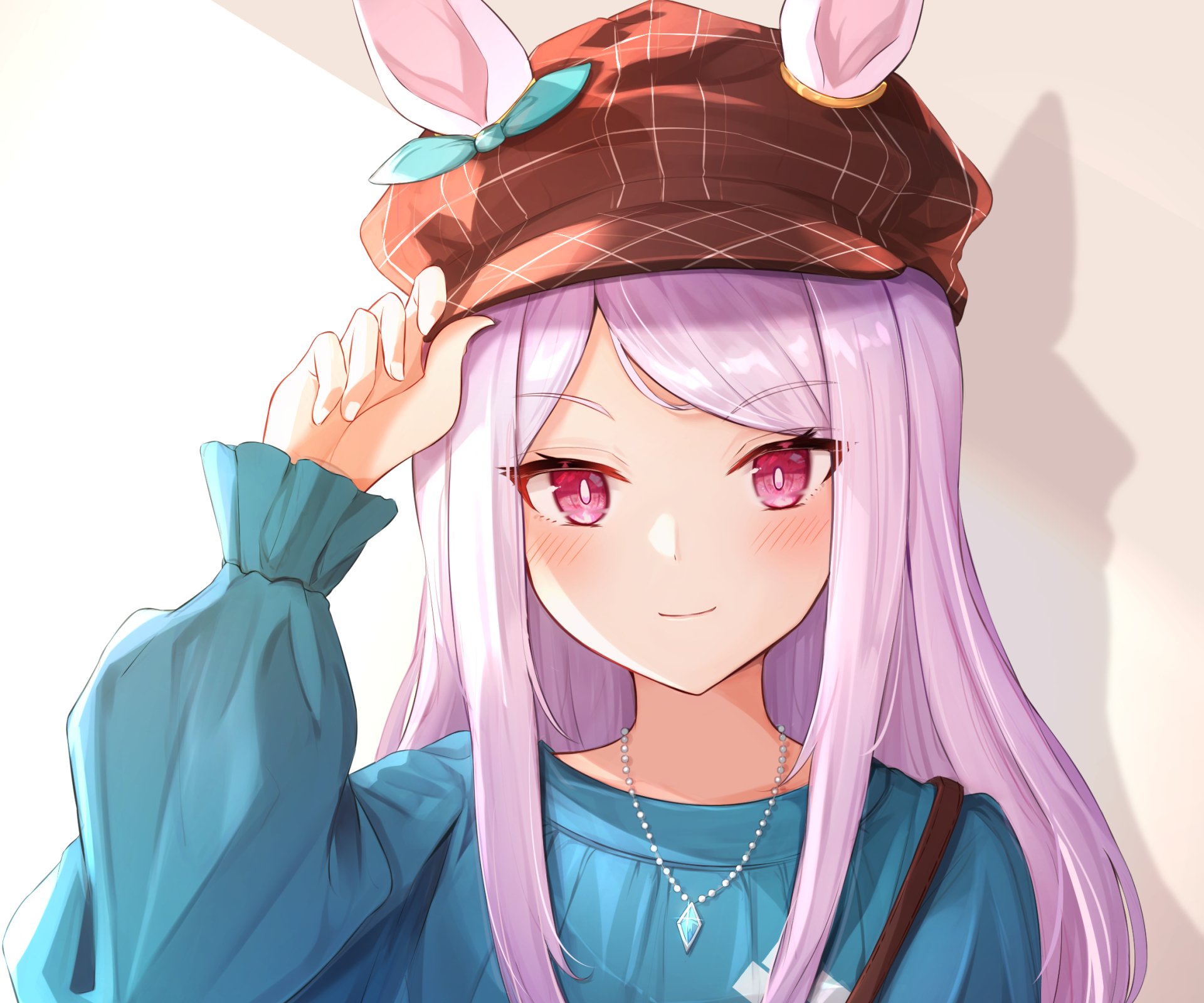 HD PC desktop wallpaper of Mejiro McQueen (Uma Musume: Pretty Derby): close-up of a smiling girl with long lavender hair, pink eyes, a brown checked beret and teal jacket on a light background.