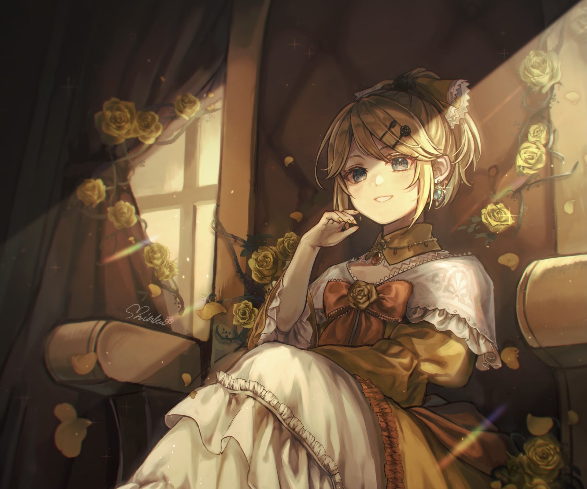 HD anime desktop wallpaper featuring Rin Kagamine from Vocaloid, seated in a cozy room with warm lighting and yellow roses surrounding her.