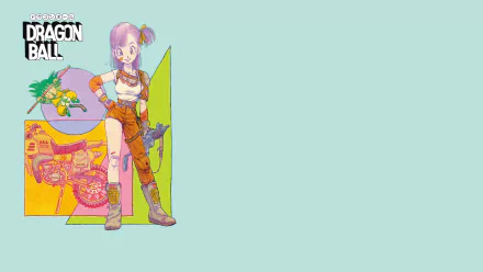 4K Ultra HD Dragon Ball anime wallpaper featuring Bulma with her iconic outfit and Goku, set against a light turquoise background.