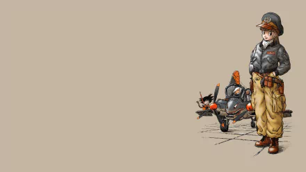 4K Ultra HD Dragon Ball anime desktop wallpaper featuring Bulma standing beside her aircraft, with Goku piloting nearby, set against a plain beige background.