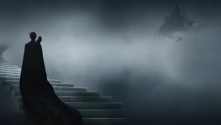 4K Ultra HD PC desktop wallpaper featuring a dark, misty scene from The Sandman TV show with a cloaked figure overlooking floating stairs and a distant castle.