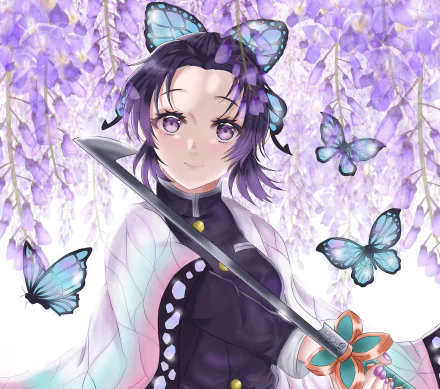 HD anime desktop wallpaper featuring Shinobu Kochou from Demon Slayer: Kimetsu no Yaiba, surrounded by purple wisteria flowers and blue butterflies.