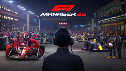 HD wallpaper of F1 Manager 2022 video game with a scene of a virtual team manager overlooking a bustling Formula 1 pit lane at night, highlighting the immersive racing strategy experience.