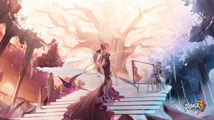 HD PC desktop wallpaper featuring characters from the video game Honkai Impact 3rd against a fantastical, ethereal backdrop with a glowing tree and floating staircases.