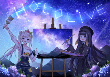 2K Quad HD PC desktop wallpaper of hololive VTubers Ninomae Ina'nis and Airani Iofifteen painting a starry galaxy on canvas in anime style, cosmic night sky and floral foreground.