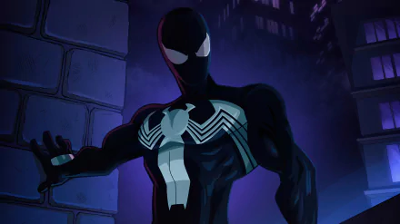 HD comic-style Spider-Man in black suit perched against a dark urban backdrop, designed as a striking PC desktop wallpaper.