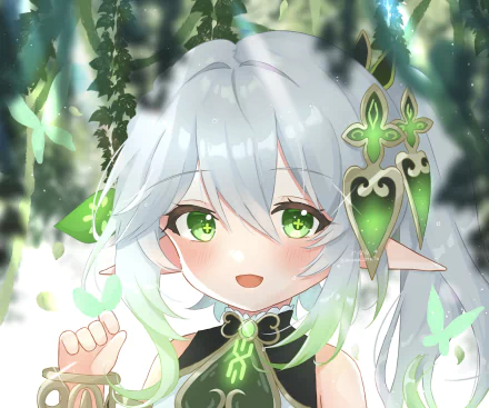 Nahida (Genshin Impact) portrait with glowing green eyes and botanical motifs — 2K Quad HD PC desktop wallpaper/background, video game artwork.