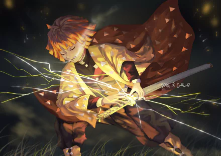 Zenitsu Agatsuma from Demon Slayer: Kimetsu no Yaiba depicted in a dramatic lightning-strike pose, electric sparks around his drawn sword — 4K Ultra HD anime PC desktop wallpaper
