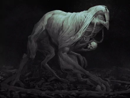 A dark and eerie HD desktop wallpaper from the video game King Arthur: Knight's Tale, featuring a monstrous creature wrapped in tattered cloth, exuding an ominous presence.