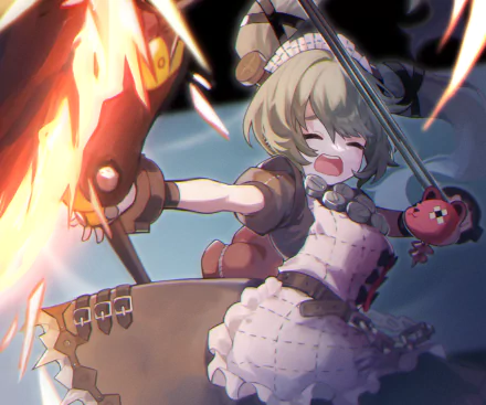 HD PC wallpaper of a joyful Zenless Zone Zero character brandishing a flaming blade and umbrella, tagged Corin Wickes, video game.