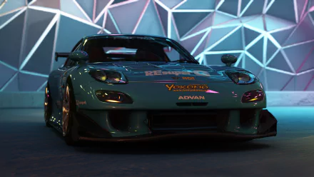 HD PC desktop wallpaper showing a teal Mazda RX-7 from the Assetto Corsa video game, low-angle front view against a geometric neon-lit backdrop