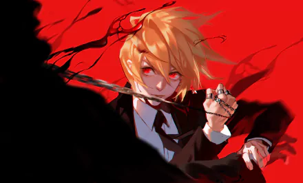 HD PC desktop wallpaper featuring Kurapika from Hunter × Hunter, depicted with intense red eyes and a dramatic red and black background in anime style.