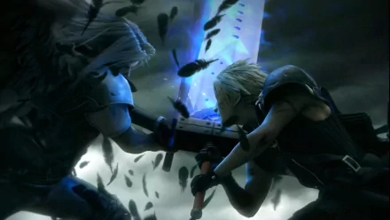 A dynamic HD wallpaper featuring Sephiroth and Cloud Strife from Final Fantasy VII: Advent Children, captured in an intense battle surrounded by dark feathers.