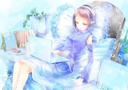 Anime-inspired HD wallpaper featuring a girl in headphones, immersed in her laptop, surrounded by a serene blue atmosphere with soft pillows and floral decor.