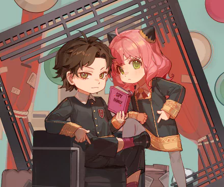 HD PC desktop wallpaper: Damian Desmond and Anya Forger from Spy x Family, anime-style in school uniforms; Anya holds a pink 'Spy Diary' as they sit together.