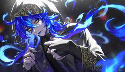 HD PC desktop wallpaper featuring Idia Shroud from the video game Twisted Wonderland with glowing blue flames and intricate dark clothing details.