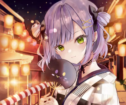 hololive Virtual Youtuber Tokoyami Towa, anime-style purple-haired girl with green eyes holding a festival mask amid glowing lanterns — 4K Ultra HD PC desktop wallpaper/background.