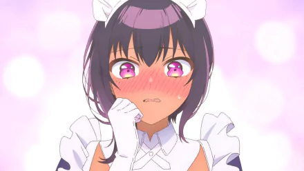 Anime HD wallpaper featuring Lilith, a blushing maid character from My Recently Hired Maid Is Suspicious, set against a soft pink background.