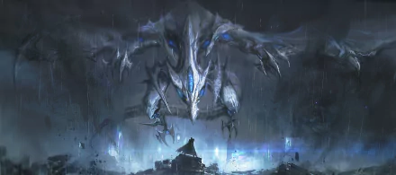 Stardust Dragon from Yu-Gi-Oh! looms over a lone duelist in a rain-soaked cityscape, icy blue light and shattered ruins — dramatic 4K Ultra HD PC desktop wallpaper/background.